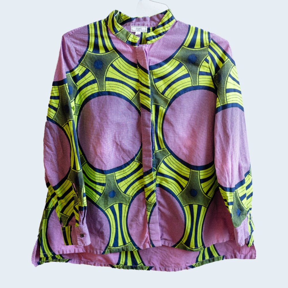 Zuri Pink & Lime Geometric Button-Front Blouse